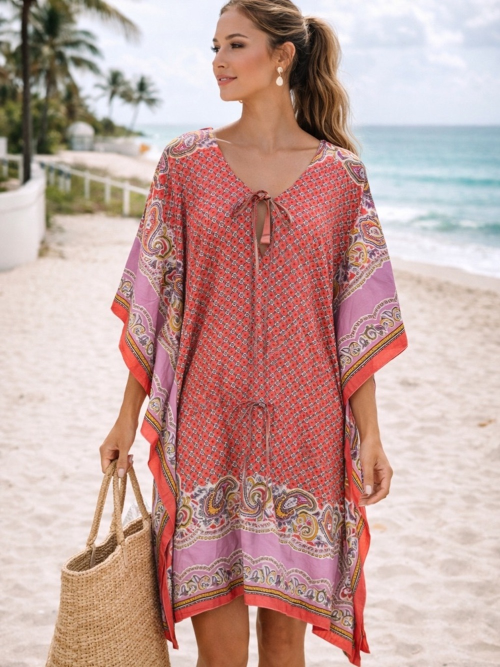 Nanette Lepore Silk Blend Kaftan Cover Up Pink Red Paisley Boho Beach Tunic XS